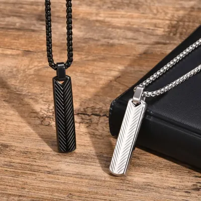 Vertical Long Bar Pendant Necklaces for Men Boys,Stainless Steel Cutting Flower Pendant