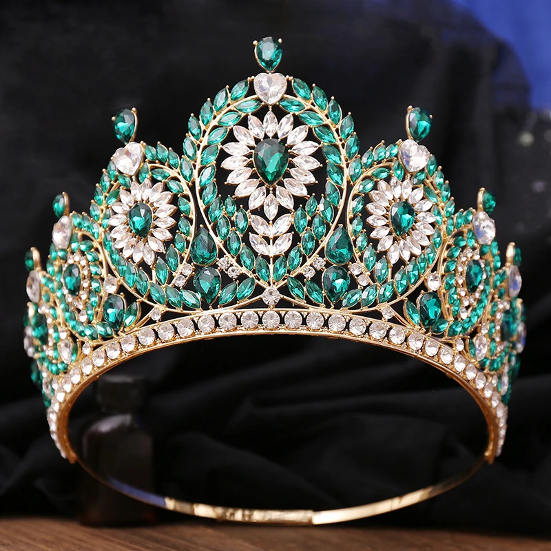 Luxury Royal Queen Green Wedding Crown Rhinestone Big Tiara Party Show Hair Jewelry for Pageant High Diadem Bridal Gifts