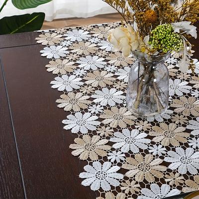 TEMU 1pc Hollow-out Dual-tone Sunflower Lace Table Runner - Elegant Rectangular Table Top Cover, Woven Polyester, Decorative Tablecloth Pad For Dining Room Image
