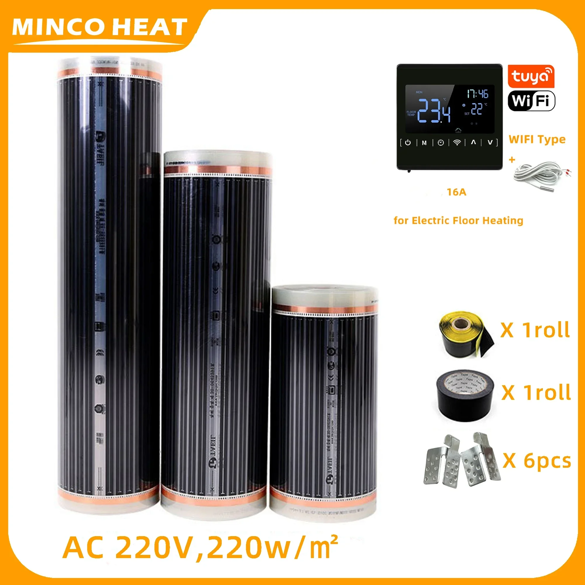 Minco Heat Infrarot-Fußbodenheizungsfolie 220 V 50/80/100 cm Breite 5 ㎡ mit Fußbodenheizungsthermostat