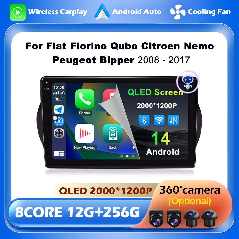 Android 16 per Fiat Fiorino Qubo Citroen Nemo Peugeot Bipper 2008 - 2017 Carplay Auto Schermo QLED 4G Autoradio Lettore Multimediale
