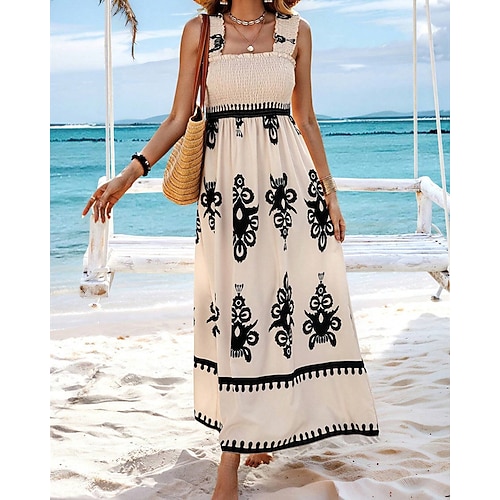 Damen kleid lang Casual kleid A Linie Kleid Sommerkleid Boho-Kleid Böhmen Hawaiianisch Stilvoll Urlaub Täglich Verabredung Regular Fit Graphic Ärmellos Quadratischer Ausschnitt Schwarz Rosa Rote Grün Image