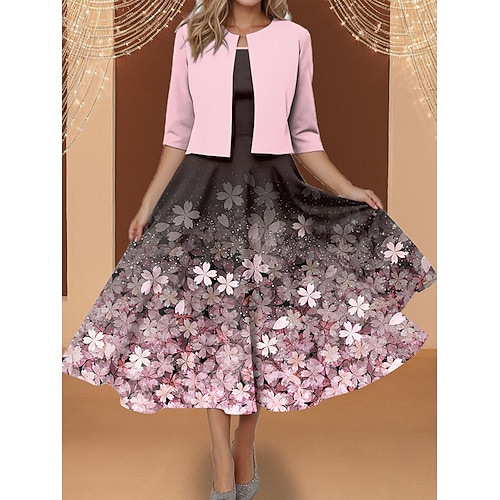 Damen Maxi Kleid Zwei-Teile Kleid Set Druck Kleid Elegant Floral Druck Halbarm Rundhals Täglich Pink Frühling Herbst Reguläre Passform Image