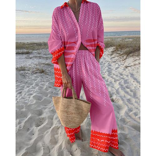 Women's Fashion Streetwear Shirt Cotton Linen Sets Two Piece Sets Linen Pants Pants Trousers Long Sleeve Shirt Collar Color Block Patchwork Daily Wear Date Pink Dark Pink Blue Spring Regular Fit