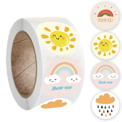 100-500 Pcs Round Thank You Stickers Cute Cartoon Sun Rainbow Clouds Sticker For Handmade Gift