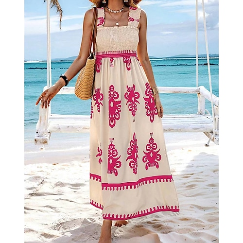 Per donna Abito lungo Abito lungo Abito casual Abito linea A Abito estivo Abito boho Boemia Hawaiano Moda Da mare Giornaliero Appuntamento Standard Pop art Senza maniche Squadrata Nero Rosa Rosso