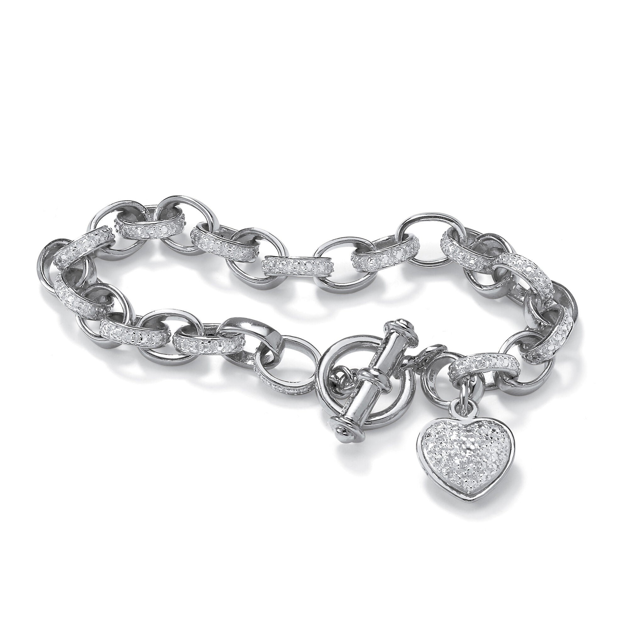 Women's Diamond Accent Heart Charm Bracelet in Platinum-plated Sterling Silver 7.25