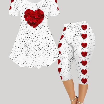 TEMU Women's 3d Romantic Rose Valentine's Day Print Fashion Short Sleeve -eighth Pants Set Image