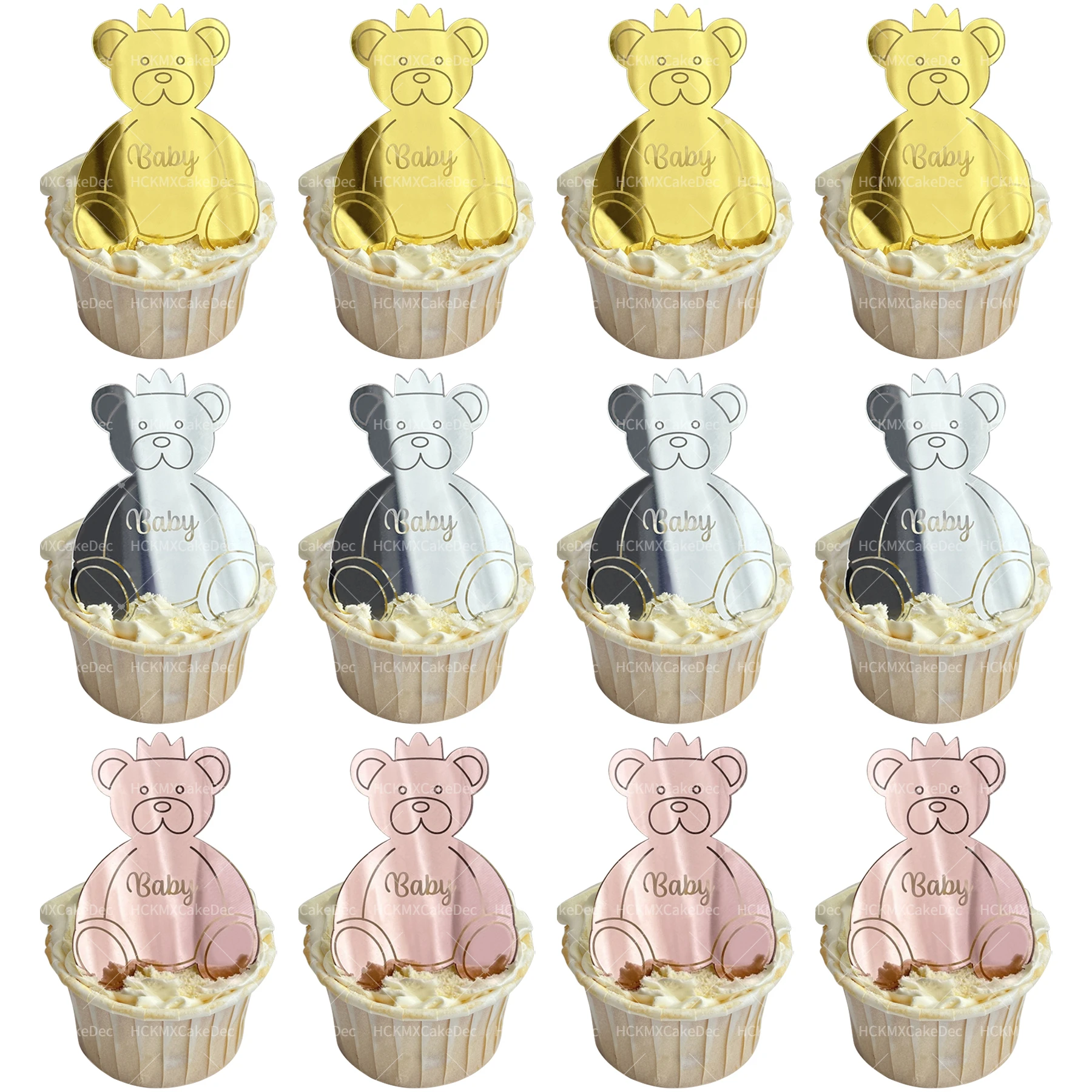 5 Stück Acryl Gold Silber Roségold Cartoon Little Bear Cupcake Topper für Geburtstagsfeier Dusche Dessert Cupcake Dekoration Image