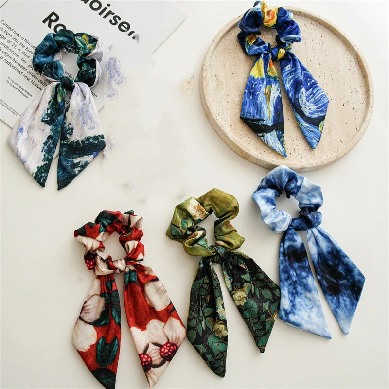 Ölgemälde Druck Lange Band Bogen Scrunchies Elastische Pferdeschwanz Halter Exquisite Haar Krawatte Frau Gummiband Haar Zubehör Mädchen Image