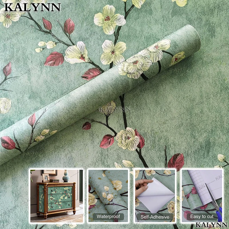 Blumen-Tapete zum Abziehen und Aufkleben, grüne Blumen, Kontaktpapier, Vinyl, selbstklebende Tapete, Wohnzimmer, Schlafzimmer, Schrank, Dekorieren Image