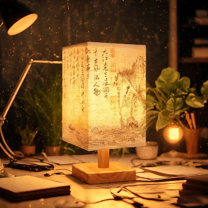 LED Dekoration Tischlampen Einfache Dimmbare Stecker Nachtlicht Stoff Lampenschirm Quadrat Schlafzimmer Chinesischen Stil Nachttisch Lichter