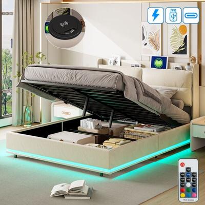 Bett mit Stauraum 160x200 cm, 2 Plätze, mit LED, Stauraum, USB-A/C, kabelloses Laden, Image