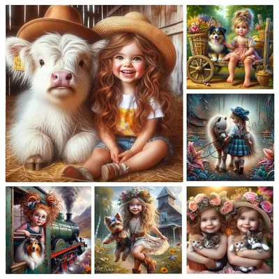 Diamond Painting Blonde Little Girl and Animals Dog Cat Cow Pictures Full Diamond Mosaic Cross Stitch Kit Home Wall Decoration