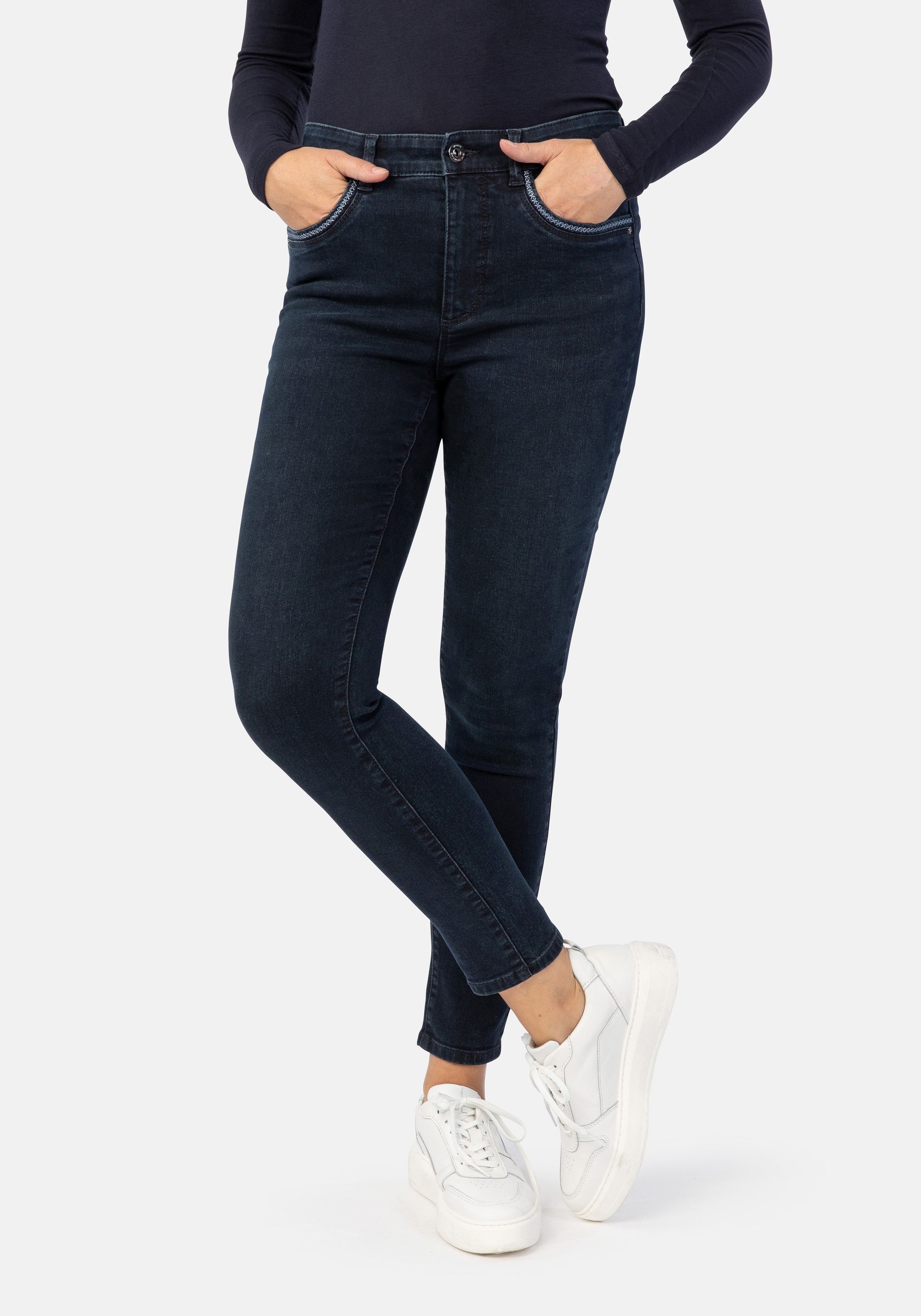 5-Pocket-Jeans STOOKER WOMEN "Rio Fexxi Move Denim Skinny Fit", Damen, Gr. 42, Länge 32, blau (authentic indigo wash), Denim/Jeans, 82% Baumwolle, 17% Polyester, 1% Elasthan, skinny fit lang, Jeans 5-Pocket-Jeans, Skinny Fit Casual Clean Wash Denim...