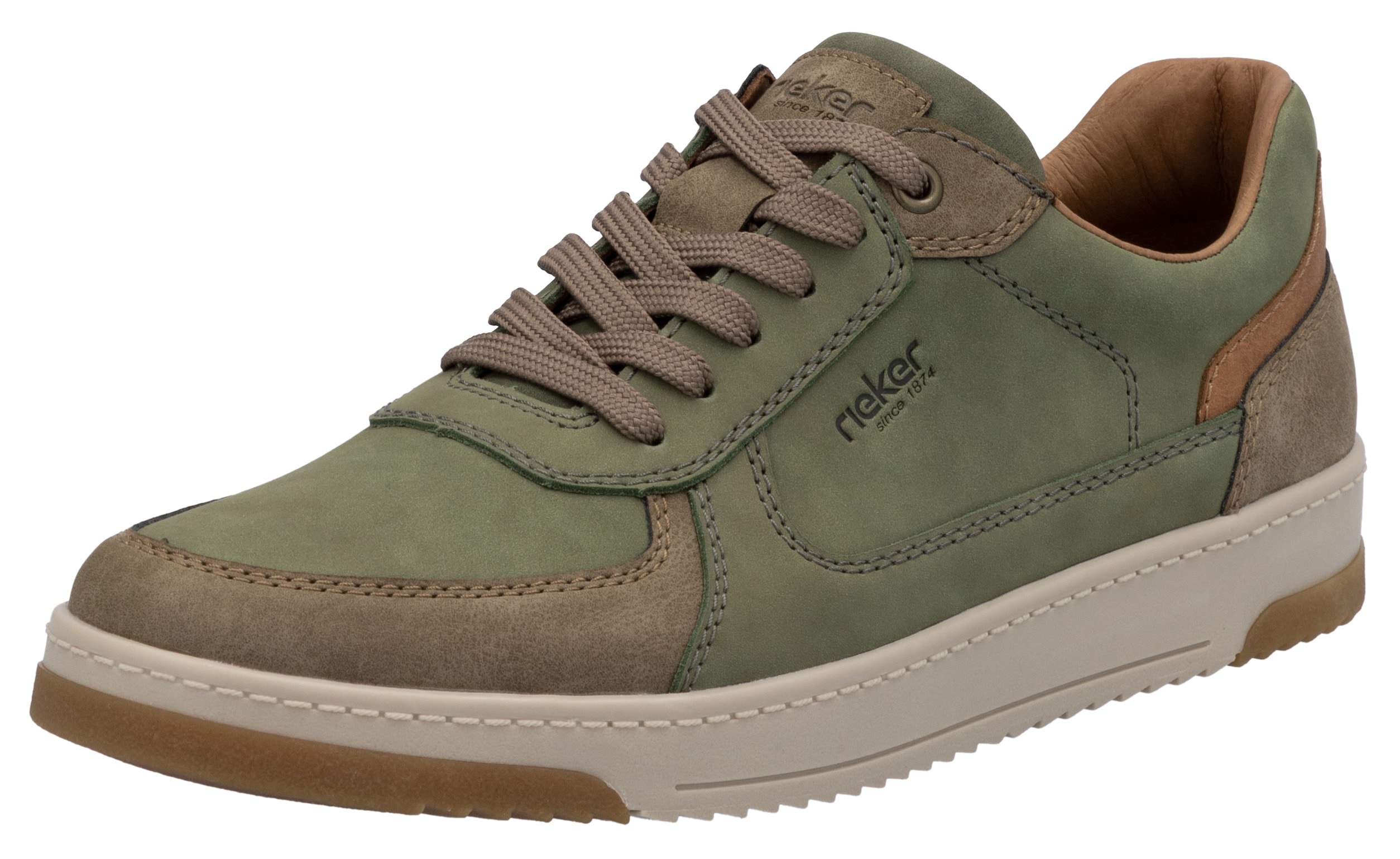 Sneaker RIEKER, Herren, Gr. 45, grün (khaki, braun), Leder, Lederimitat, Schuhe, Freizeitschuh, Halbschuh, Schnürschuh mit gepolstertem Schaftrand