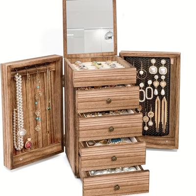 TEMU 1pc Portable Jewelry Storage Box With Mirror - Ideal For Organizing Earrings, Rings, And Necklaces On Desk, Dresser, Vanity, Office, Bedroom, And Bathroom, Jewelry Chests Image