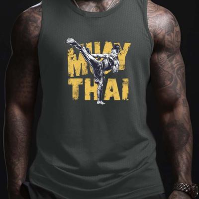 TEMU Martial Artist And Muay Thai Print Men's Breathable Comfortable Tank Top - Lightweight Quick Drying Sleeveless Top For & Gym - Best Summer Image