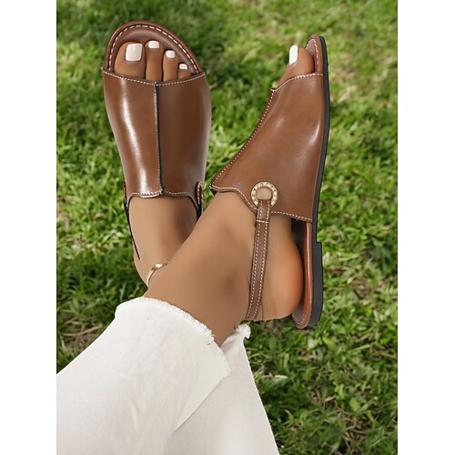 braune offene Sandalen aus Kunstleder für Damen – lässige Slingback-Flats mit Strass-Schnalle für den Sommer den Alltag Image