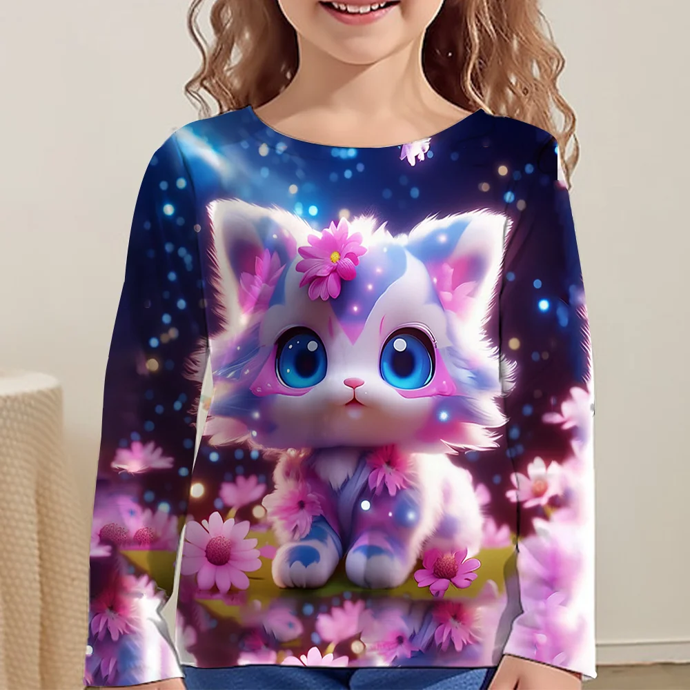 Children Clothes Girl Long Sleeve T-Shirt for Girls 2024 Kids Clothes One Piece Graphic T Shirts Cat Girls Clothes 2 to 8 Years