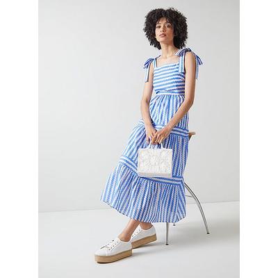 Caprice Blue and Cream Wavy Stripe Cotton-Silk Tiered Dress, Blue