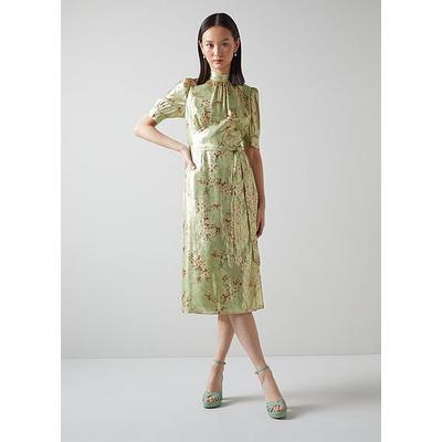 Finch Green Metallic Cherry Blossom Print Silk Dress, Green