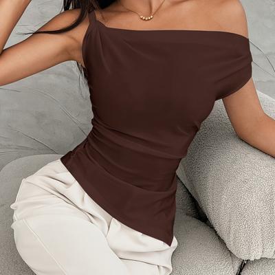 TEMU Women's Elegant Asymmetrical Hem Tube Top, Fashionable Twist Front Sleeveless Ruched Top For Party & Banquet, Shoulder Twist, Irregular Hem Image
