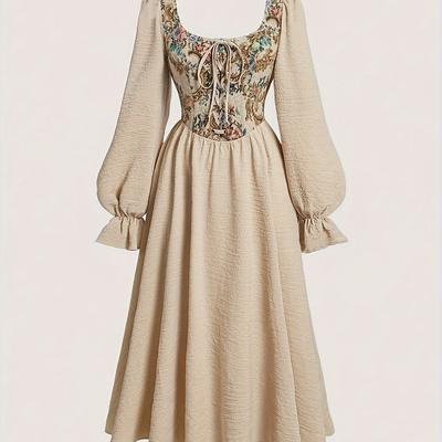 TEMU Casual Long Sleeve Pleated Dress, Polyester , Loose Fit, Solid Color, Flared Hem, With Ruffle Detail And Square Neckline, For Spring/summer Image