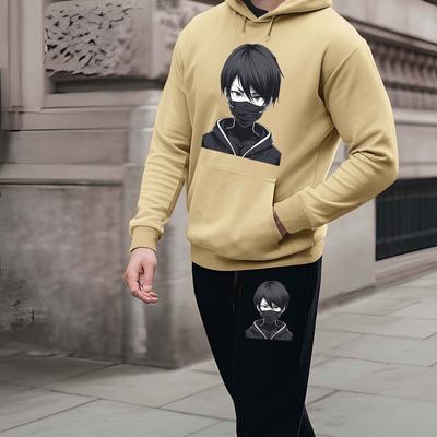 TEMU Men's Anime-inspired Hoodie & Sweatpants Set - Trendy Printed, Casual Sportswear With Drawstring Pockets For Fall/winter Image