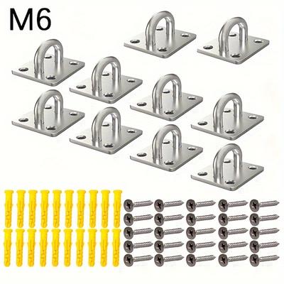 TEMU 10pcs M6 Heavy Rectangular Base Duty Hook With Screws - Stainless Steel Pad Eye Plates - 10 Set Of 6mm Heavy Duty Anchor Mount Hardware - Ceiling Hooks- Glossy Finish Square Eyelet Image