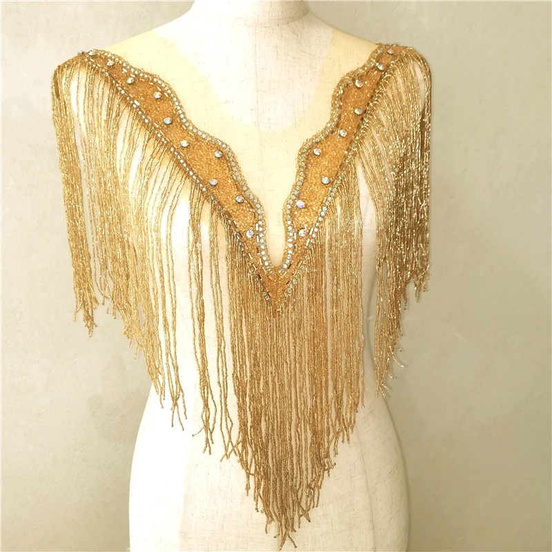 1Pc Gold Front Rückseite Eisen Auf Hochzeit Bestickte Kristall Strass Kragen Halskette Appliques Mit Fringe Image