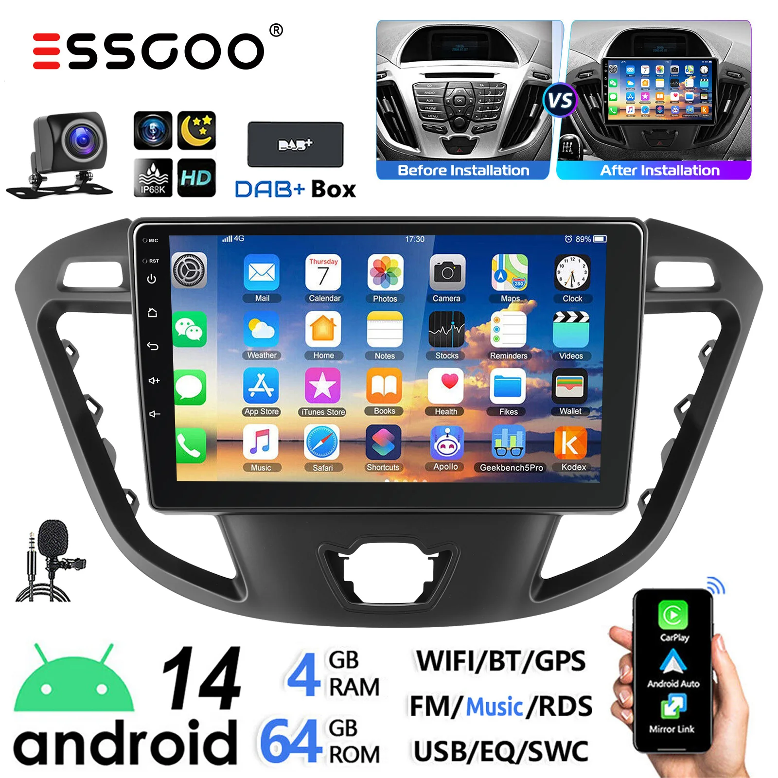 ESSGOO Autoradio 9" Android 14 4+64G Wireless Carplay Android Auto GPS Navigazione Wifi FM RDS Bluetooth EQ SWC Per Ford Transit Custom 2012-2021 Schermo Tattile Mirror Link