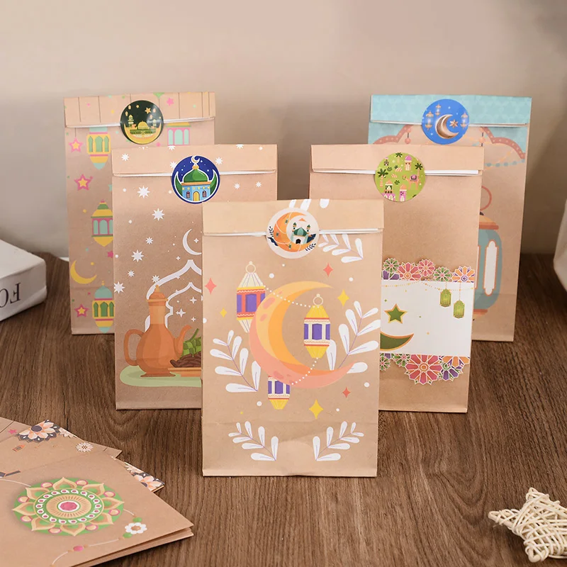 12 stücke Eid Mubarak Kraft Papier Tasche mit Aufkleber Ramadan Süßigkeiten Geschenk Verpackung Tasche 2025 Islamischen Muslimischen Party Dekoration Lieferungen Image