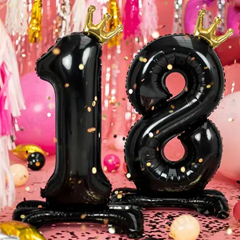 42 Zoll Digital 0-9 Aluminiumfolie Ballon Schwarze Krone Ballon Alles Gute zum Geburtstag Stehende Luftballons Babyparty Luftglobos Party Dekor Image