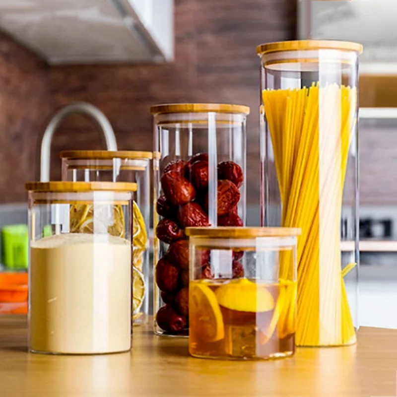Bocal en verre scellé pour aliments de 800 à 2000ml, couvercle en bambou pour contenir la bouteille, assaisonnement, nouilles en poudre, boîte de thé, récipient de stockage des aliments