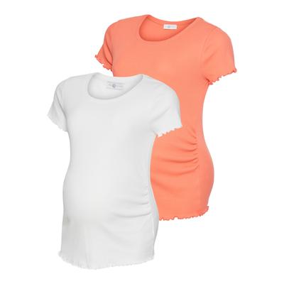 Umstandsshirt NEUN MONATE "2er Pack Schwangerschafts-Shirts", Damen, Gr. 44/46, aprikot, weiß, Rippware, Obermaterial: 100% Baumwolle, unifarben, Basic, Basic, Rundhals, Kurzarm, Shirts, T-Shirts für Schwangerschaft und danach