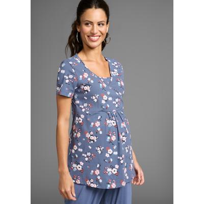 Umstandsshirt NEUN MONATE "Schwangerschafts- und Stillshirt in Wickeloptik", Damen, Gr. 40/42, blau (blau geblümt), Jersey, Obermaterial: 95% Baumwolle, 5% Elasthan, bedruckt, geblümt, modisch, V-Ausschnitt, Kurzarm, Shirts, Wickelshirt für... Image