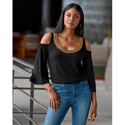 Boston Proper - Black - So Chic Cold Shoulder Heat Seal Chain Blouson - XS