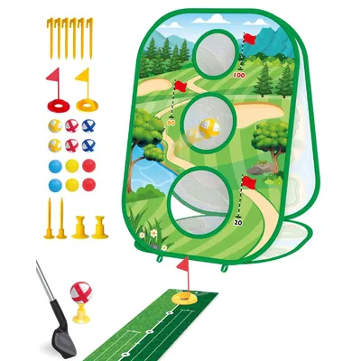 4 In 1 Kids Golf Games Set Golf Putting Practice Mat 3-Sided Golf Chipping Net with Club Kid Adults