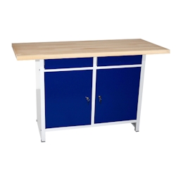 Szagato Werkbank für Werkstatt mit Schubladen und Flügeltüren HxBxT: 84x150x60cm, 2 Schubladen, 2 Flügeltüren abschließbar, lichtgrau/blau Image
