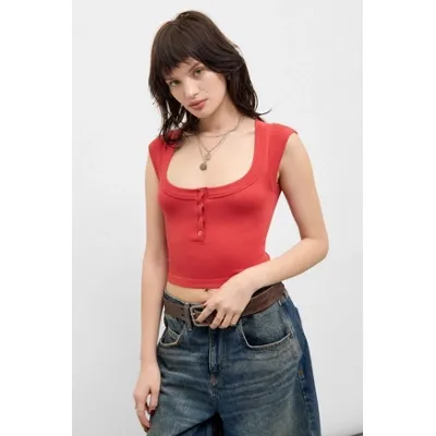 Out From Under Square Neck Henley Top - Red S/M at Urban Outfitters