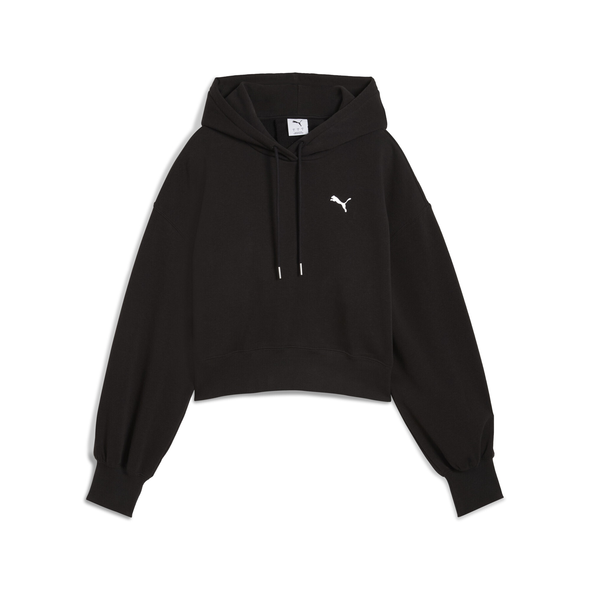 Hoodie PUMA "WARDROBE ESS Kurzer Relaxed Fit Hoodie Damen", Damen, Gr. XS, schwarz, Obermaterial: 32% Polyester, 68% Baumwolle; Rippe: 4% Elasthan, 96% Baumwolle, relaxed fit, Sweatshirts