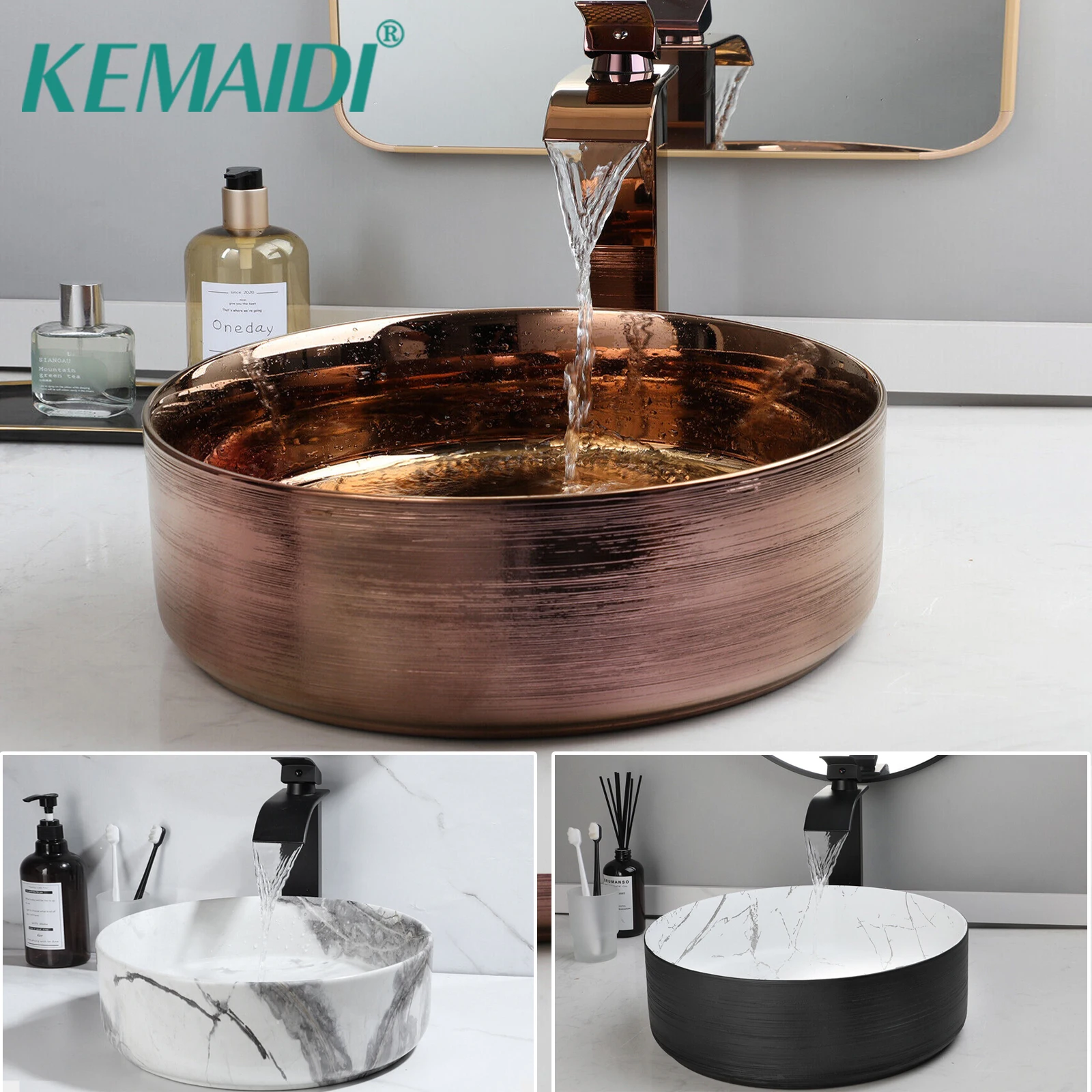 KEMAIDI Badezimmer-Waschbecken-Wasserhahn-Kombination, 35,6 cm, Schüsselwaschbecken, Roségold, Waschbecken, rundes Keramikwaschbecken für Badezimmer, Theke