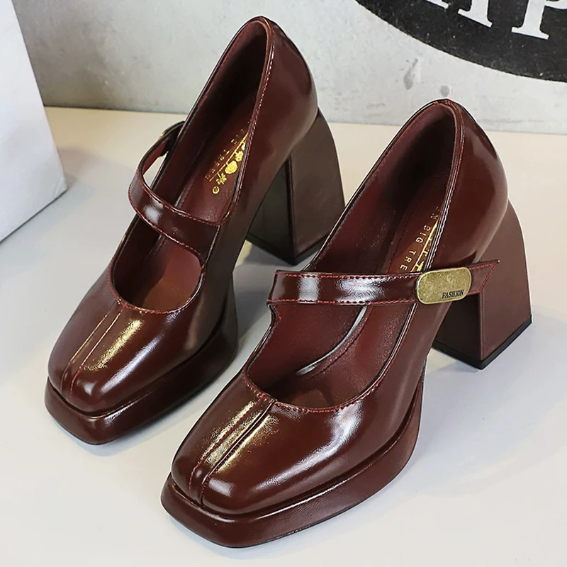 BIGTREE Schuhe Retro Chunky Damen Pumps Blockabsatz Damenschuhe Metallschnalle Mittelabsatz Schuhe Plateau High Heels 9 cm Damenschuhe