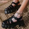 Rom Knöchel riemen Sandalen echtes Leder einfarbig runde Zehen dicken Boden hohle Frauen Schuhe Mode elegant prägnant sexy neu