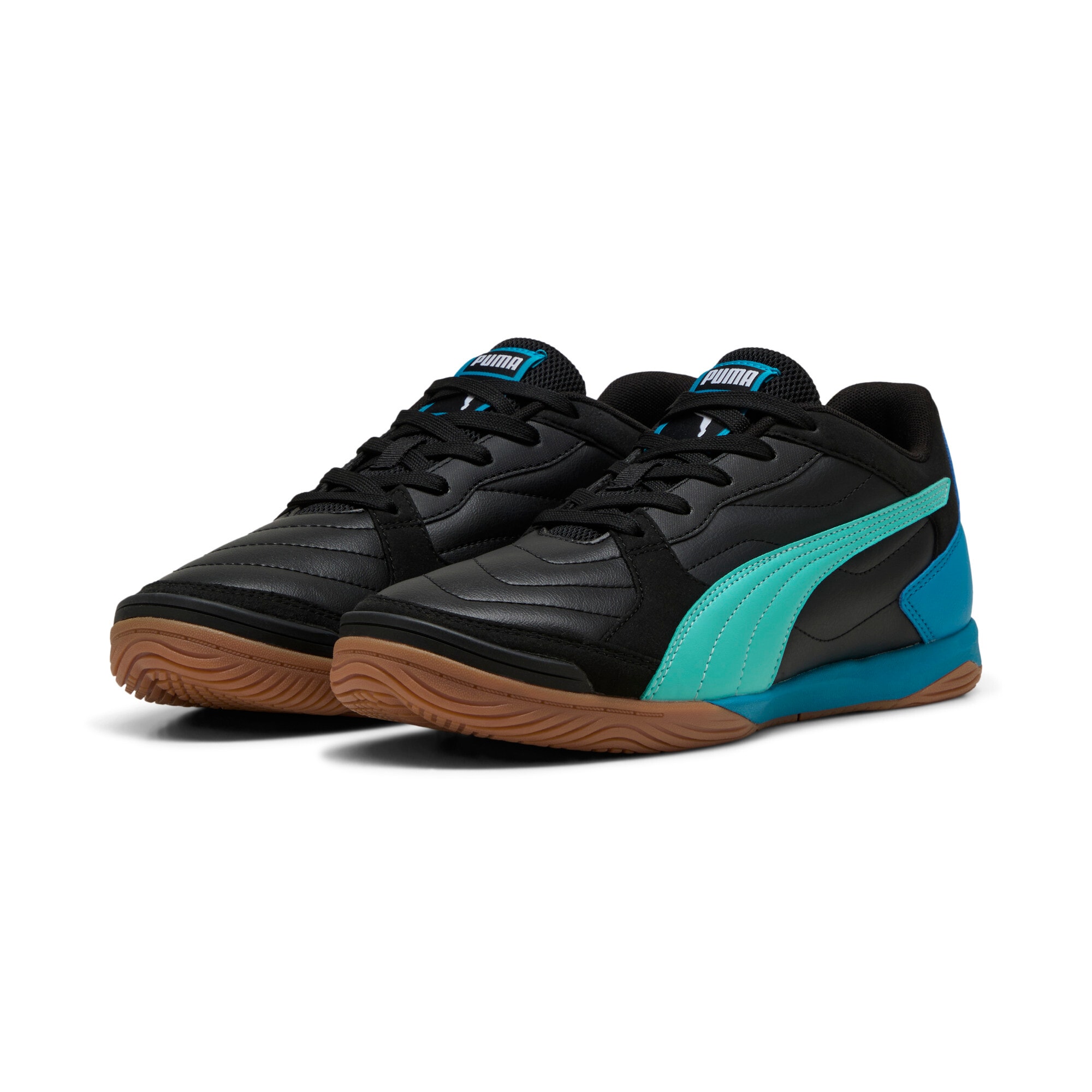 Fußballschuh PUMA "PRESSING IV", Gr. 42, weiß (puma schwarz, aquatic, tropical blau, puma weiß), Synthetik, Schuhe