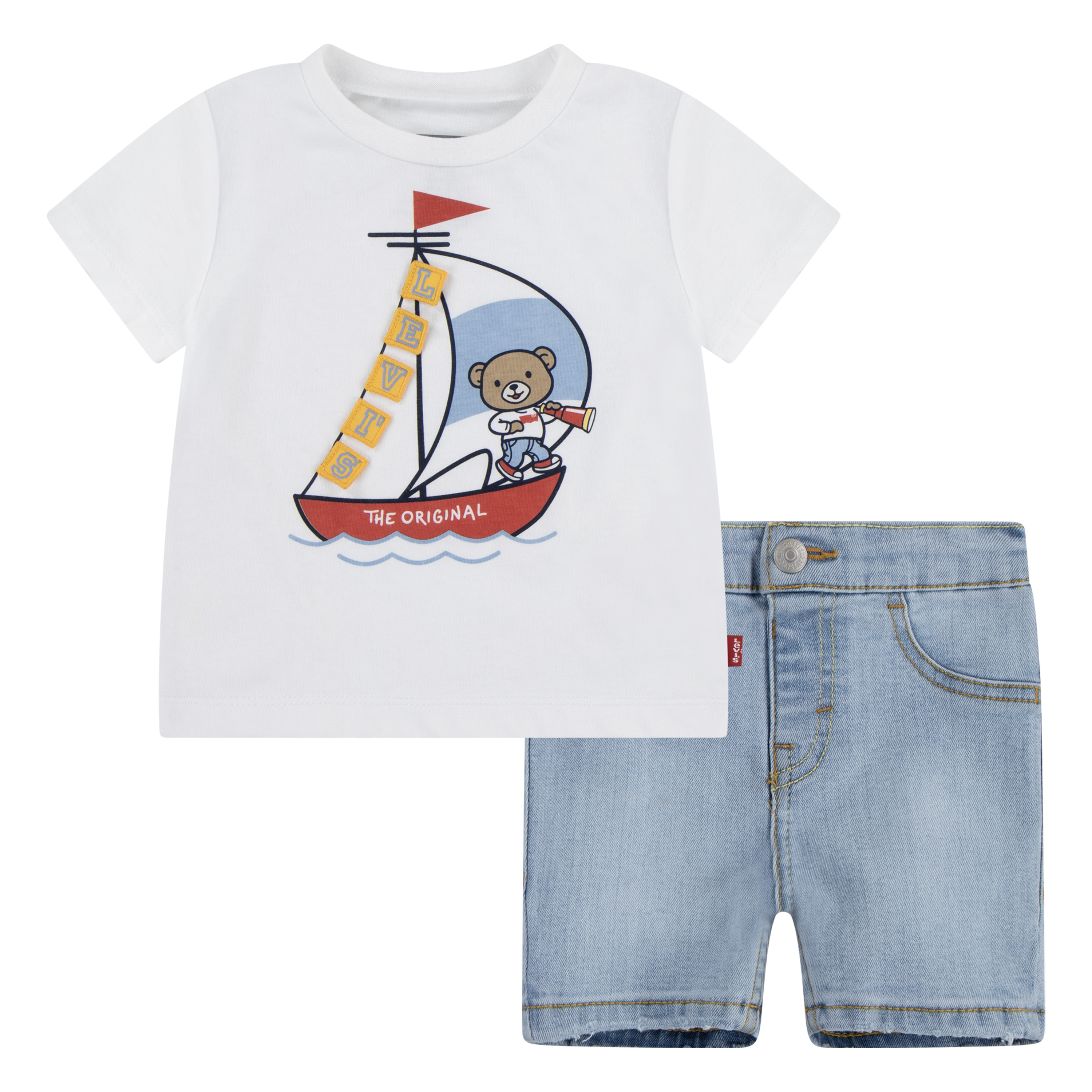 T-Shirt & Shorts LEVI'S KIDS "LVB LEVI 3D SAILING DENIM SET", Baby, Gr. 9M74, weiß (hellweiß), Obermaterial: 60% Baumwolle, 40% Polyester. Obermaterial Hose: 54% Baumwolle, 27% Polyester, 17% Viskose, 2% Elasthan, bedruckt, KOB Set-Artikel, mit... Image