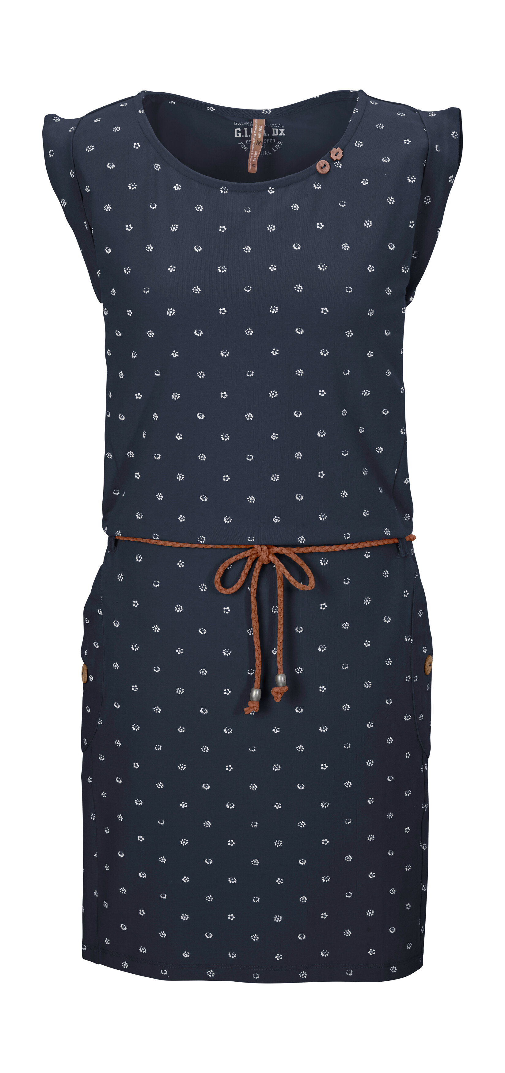 Sommerkleid "GS 42 WMN DRSS", Damen, Gr. 36, Normalgrößen, blau (navy), Oberstoff: 95% Baumwolle, 5% Elasthan, G.I.G.A. DX BY KILLTEC, Kleider Sommerkleid, Sommerkleid, bequemes Material, All Over-Print, geflochtener Gürtel