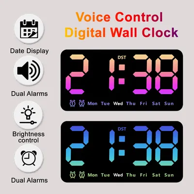 Voice Control Digital Wall Clock 9.5inch Led Alarm Clock Dual Alarm Temperature Date Week DST