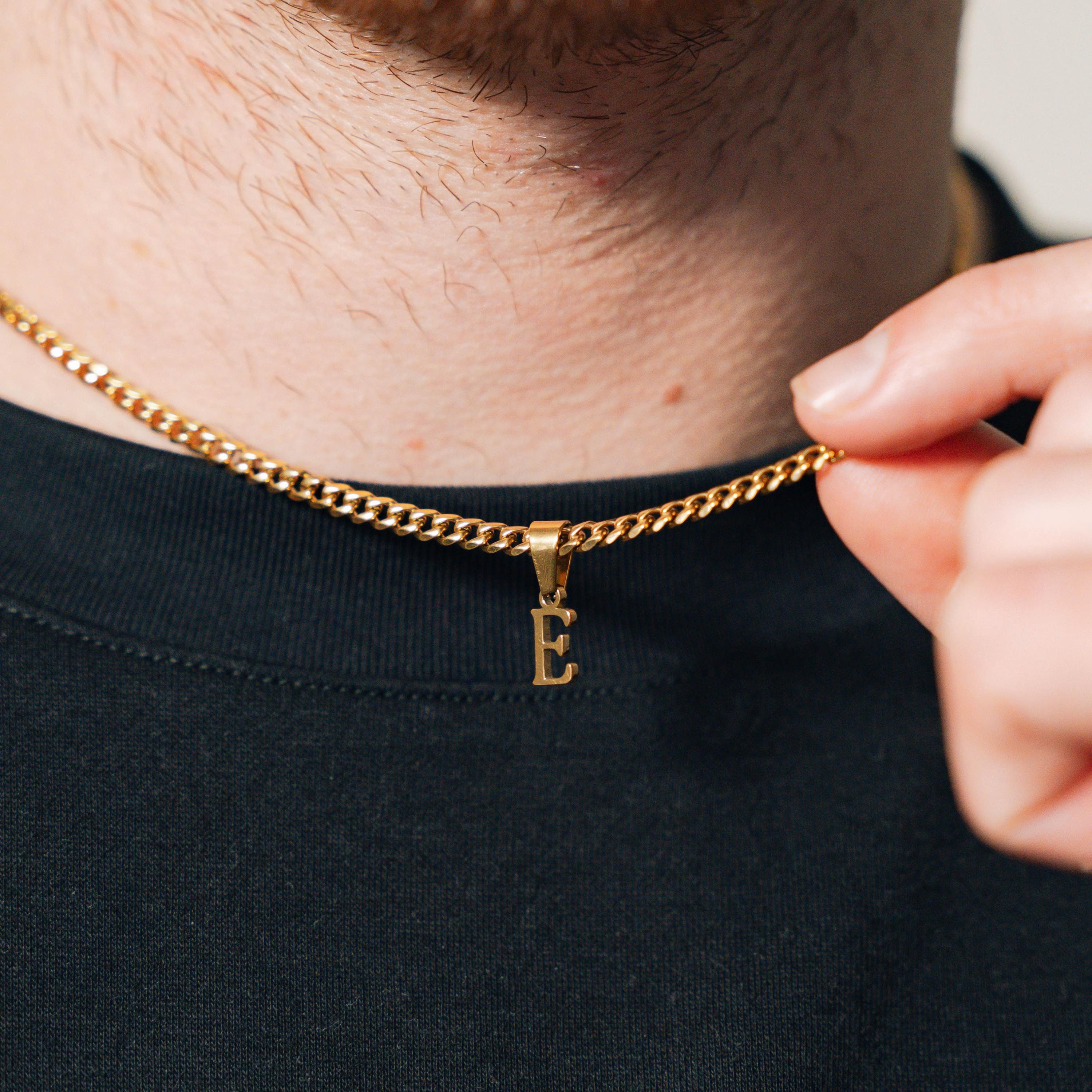 Collana con iniziale in oro 18 carati, collana con iniziale da uomo, catena cubana in oro con ciondolo a forma di lettera per uomo - Collana da uomo -